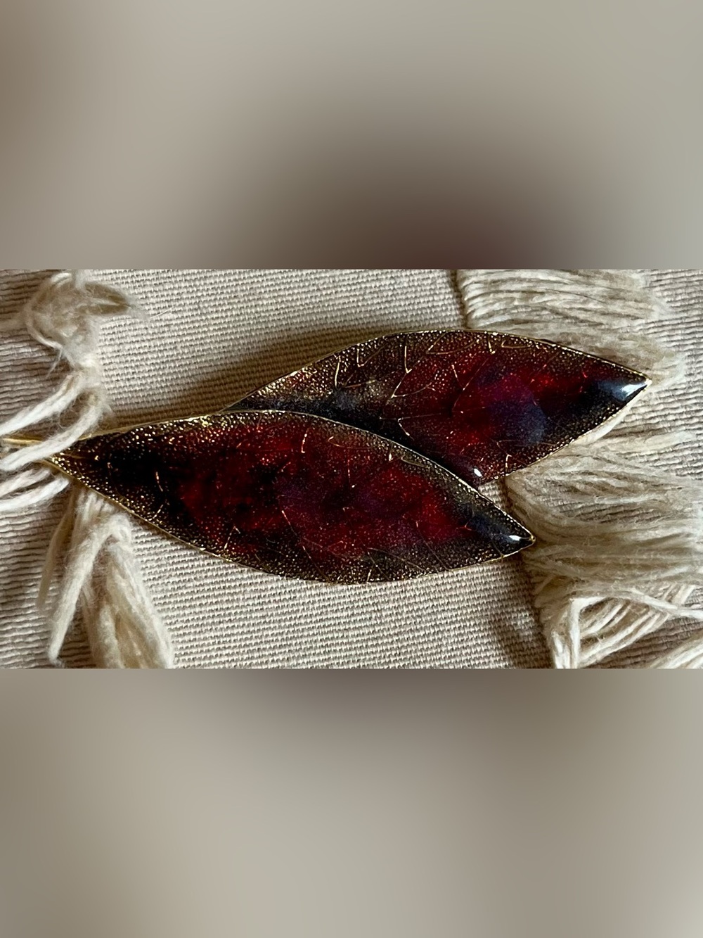 Leaf-Shaped Dark Red Resin Brooch with Gold Accent, 1940's